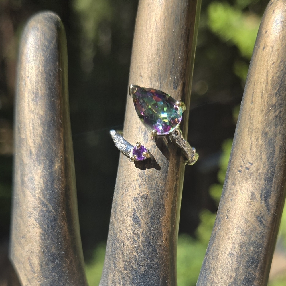 Sultans Mystic Stone & Amethyst Teardrop Sterling & Gold Ring Sz7 - Picture 5 of 10